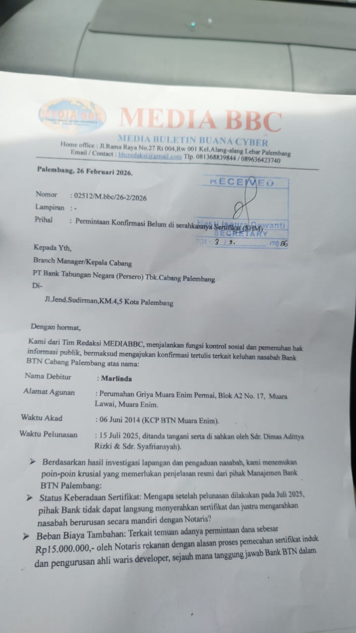 Sertifikat Tak Kunjung Terbit Pasca Pelunasan, Bank BTN Palembang Diduga 'Sandera' Hak Nasabah?