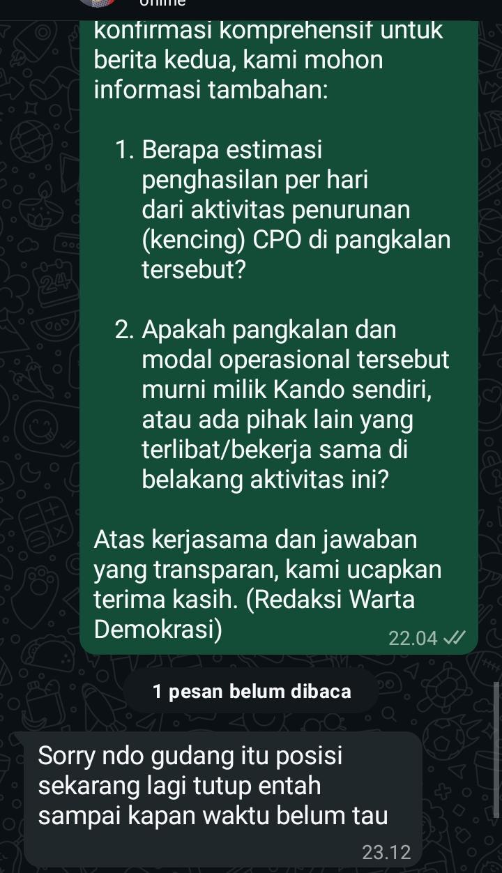 Keterangan Foto: Bukti percakapan lanjutan saat Ali mencoba berkelit (berdalih) dengan menyatakan pangkalan sudah tutup dan tidak tahu kapan akan buka kembali, tepat setelah tim redaksi menanyakan soal keterlibatan pihak lain.