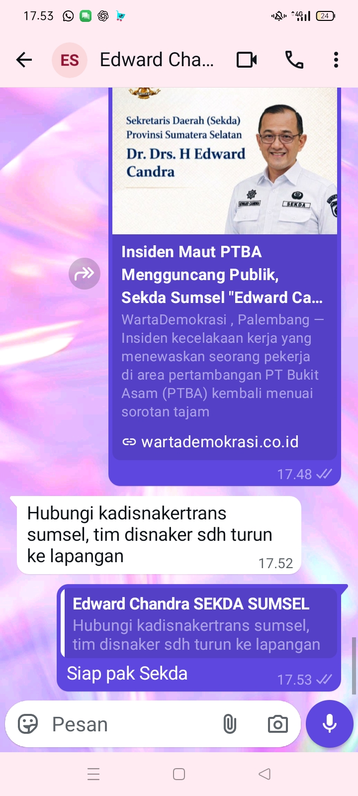 Penegasan Edward Candra melalui pesan WhatsApp